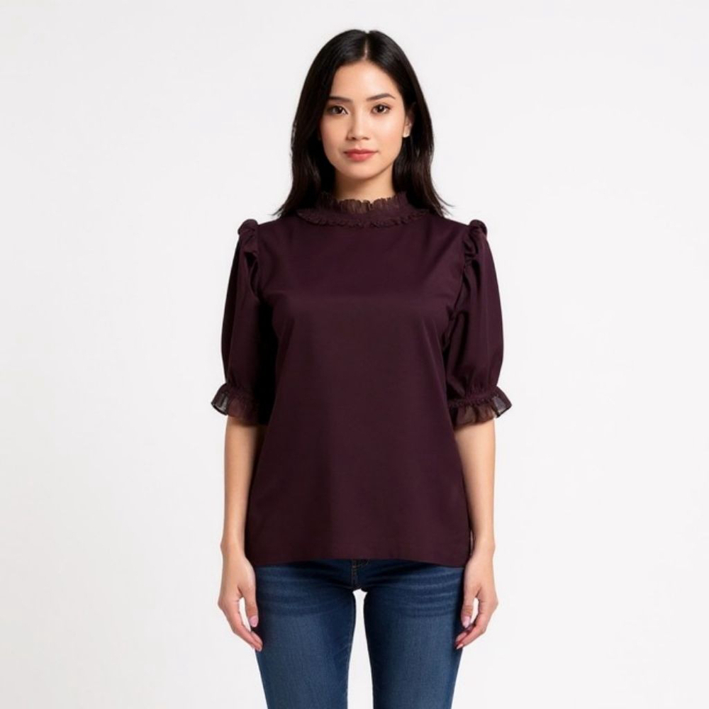 Rebecca Minkoff Ceri Purple Ruffle Neck Puff Sleeve Blouse - Small